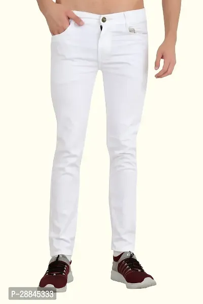 Stylish White Cotton Blend Solid Mid-Rise Jeans For Men-thumb0