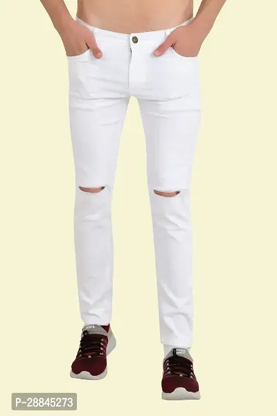 Stylish White Cotton Blend Solid Mid-Rise Jeans For Men