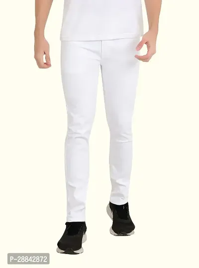 Stylish White Cotton Blend Solid Slim Fit Mid-Rise Jeans For Men-thumb0