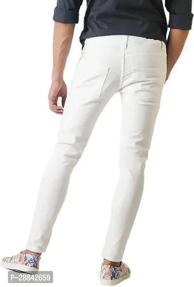 Stylish White Denim Solid Slim Fit Mid-Rise Jeans For Men-thumb2