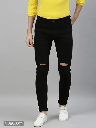 Stylish Black Polyester Spandex Solid Mid-Rise Jeans For Men-thumb0