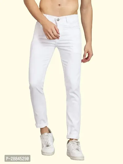 Stylish White Cotton Blend Solid Mid-Rise Jeans For Men