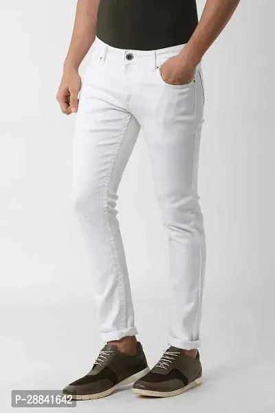 Stylish White Denim Solid Slim Fit Mid-Rise Jeans For Men-thumb3