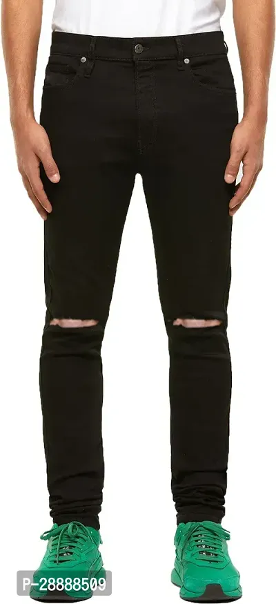 Stylish Black Denim Distress Mid-Rise Jeans For Men