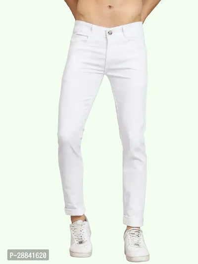 Stylish White Cotton Blend Solid Slim Fit Mid-Rise Jeans For Men-thumb0