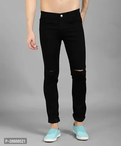 Stylish Black Denim Distress Mid-Rise Jeans For Men
