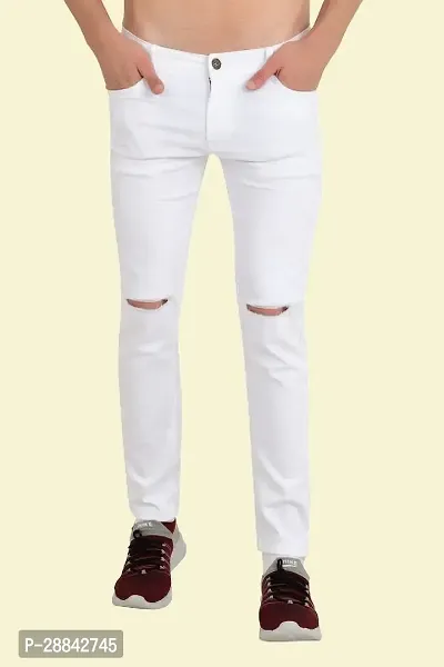 Stylish White Cotton Blend Solid Slim Fit Mid-Rise Jeans For Men