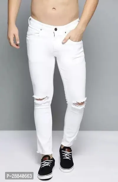 Stylish White Cotton Blend Solid Slim Fit Mid-Rise Jeans For Men