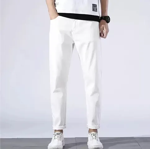 Comfortable White Cotton Spandex Mid-Rise Jeans For Men