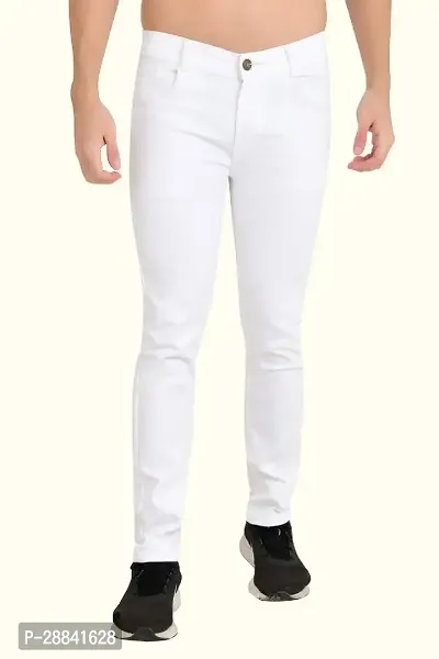 Stylish White Cotton Blend Solid Slim Fit Mid-Rise Jeans For Men-thumb0