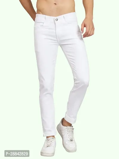 Stylish White Cotton Blend Solid Slim Fit Mid-Rise Jeans For Men-thumb0