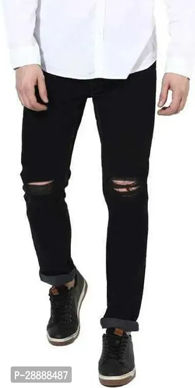 Stylish Black Denim Distress Mid-Rise Jeans For Men-thumb0