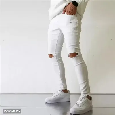 Stylish White Cotton Blend Jeans For Men