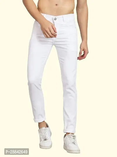 Stylish White Cotton Blend Solid Slim Fit Low-Rise Jeans For Men-thumb0