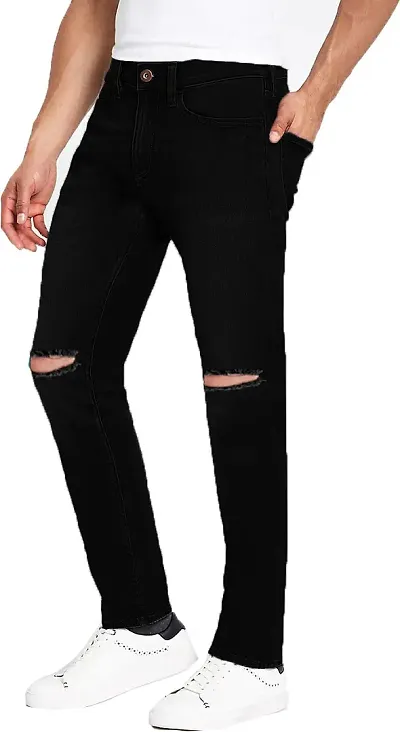 Star4well Men Printed Black Knee Cut Jeans