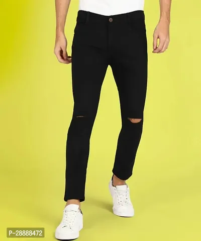 Stylish Black Denim Distress Mid-Rise Jeans For Men