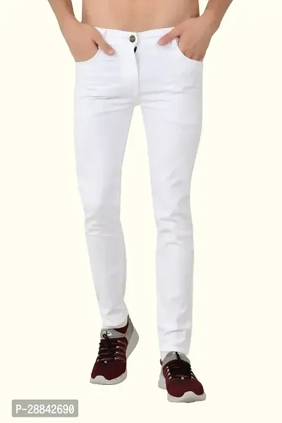 Stylish White Cotton Blend Solid Slim Fit Mid-Rise Jeans For Men