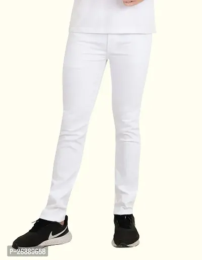 Stylish White Cotton Blend Solid Slim Fit Mid-Rise Jeans For Men