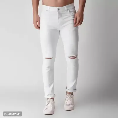 Stylish White Cotton Blend Solid Slim Fit Mid-Rise Jeans For Men