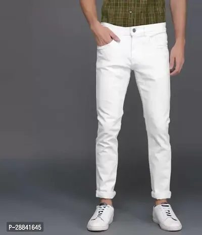 Stylish White Denim Solid Skinny Fit Mid-Rise Jeans For Men-thumb0