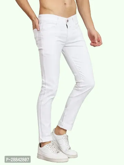 Stylish White Cotton Blend Solid Slim Fit Mid-Rise Jeans For Men-thumb3