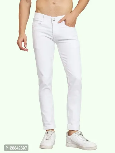 Stylish White Cotton Blend Solid Slim Fit Mid-Rise Jeans For Men-thumb0