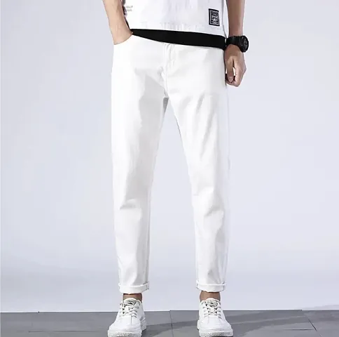 Comfortable White Cotton Spandex Mid-Rise Jeans For Men