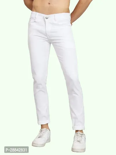 Stylish White Cotton Blend Solid Slim Fit Mid-Rise Jeans For Men