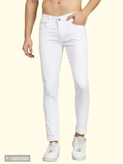 Stylish White Cotton Blend Solid Slim Fit Mid-Rise Jeans For Men-thumb0