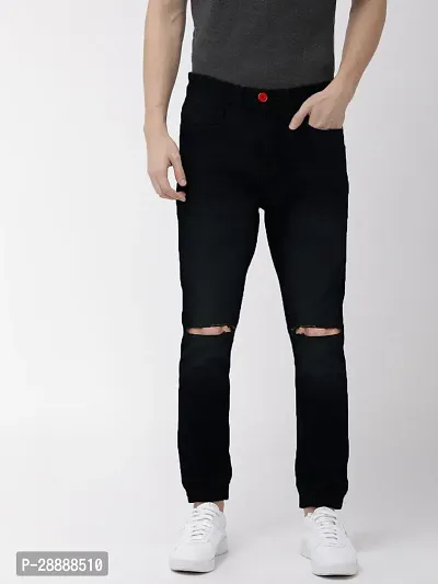 Stylish Black Denim Distress Mid-Rise Jeans For Men