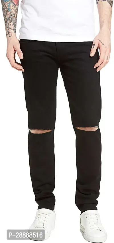 Stylish Black Denim Distress Mid-Rise Jeans For Men