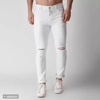 Stylish White Denim Distress Mid-Rise Jeans For Men