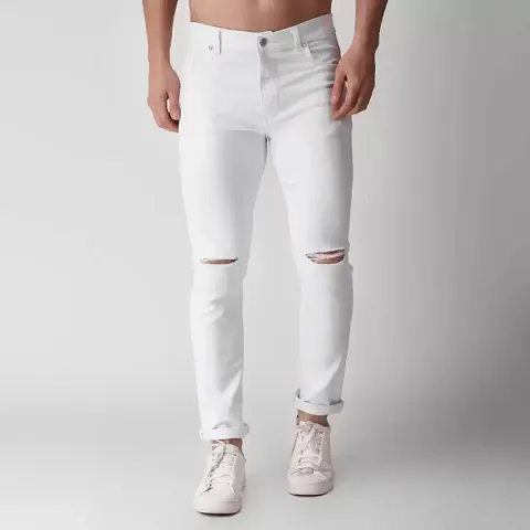 Stylish White Knee Slit Cotton Spandex Mid-Rise Jeans For Men