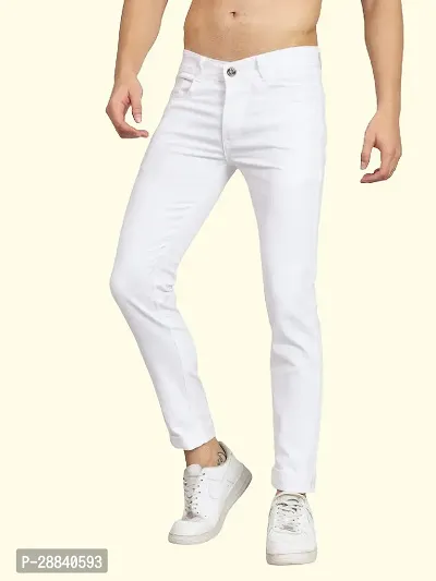 Stylish White Cotton Blend Solid Slim Fit Mid-Rise Jeans For Men-thumb0