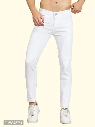 Stylish White Cotton Blend Solid Slim Fit Low-Rise Jeans For Men-thumb0