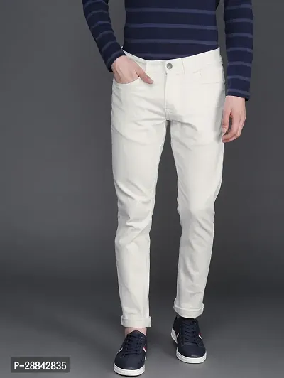 Stylish White Denim Solid Slim Fit Mid-Rise Jeans For Men-thumb0