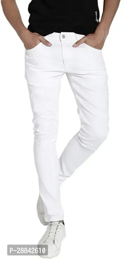 Stylish White Denim Solid Slim Fit Mid-Rise Jeans For Men