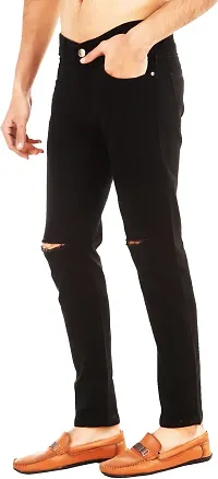 Elegant Black Denim Distress Mid-Rise Jeans For Men