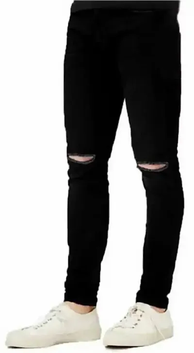 Star4well Men Printed Knee Cut Black Slim Fit Jeans