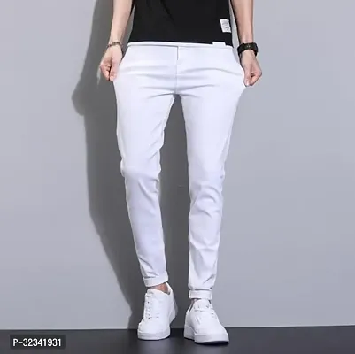 Stylish White Cotton Blend Jeans For Men-thumb0