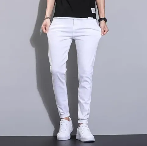 Stylish White Cotton Blend Jeans For Men