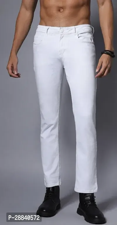 Stylish White Denim Solid Slim Fit Mid-Rise Jeans For Men-thumb0