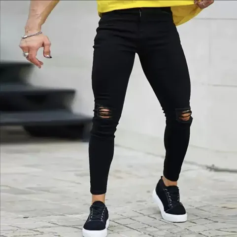 Trendy Cotton Blend Black Knee Slit Jeans For Men