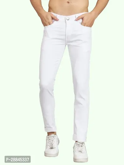 Stylish White Cotton Blend Solid Mid-Rise Jeans For Men