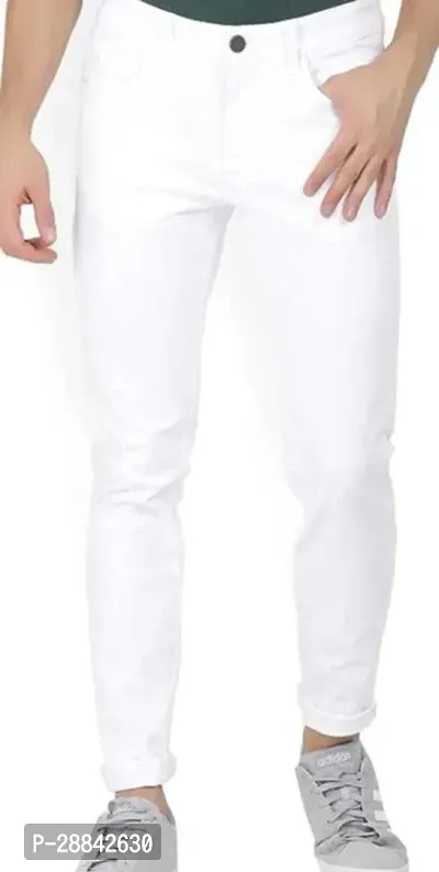 Stylish White Cotton Blend Solid Slim Fit Mid-Rise Jeans For Men-thumb0