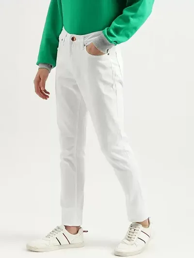 Comfortable White Cotton Spandex Mid-Rise Jeans For Men