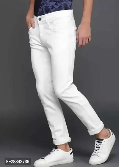 Stylish White Cotton Blend Solid Slim Fit Mid-Rise Jeans For Men-thumb3