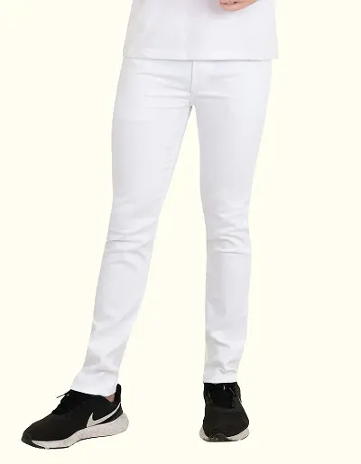 Stylish White Cotton Blend Solid Mid-Rise Jeans For Men