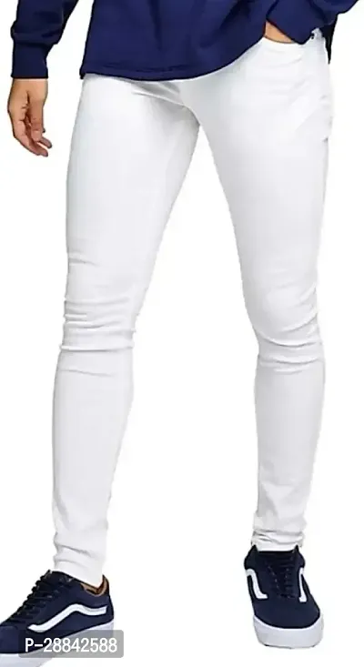 Stylish White Cotton Blend Solid Slim Fit Mid-Rise Jeans For Men