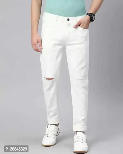 Stylish White Cotton Blend Solid Mid-Rise Jeans For Men